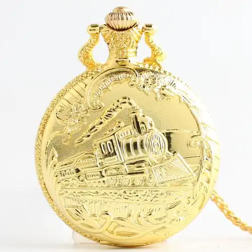 金色火车头复古翻盖怀表 男女士收藏 石英怀表 老人怀表 挂表