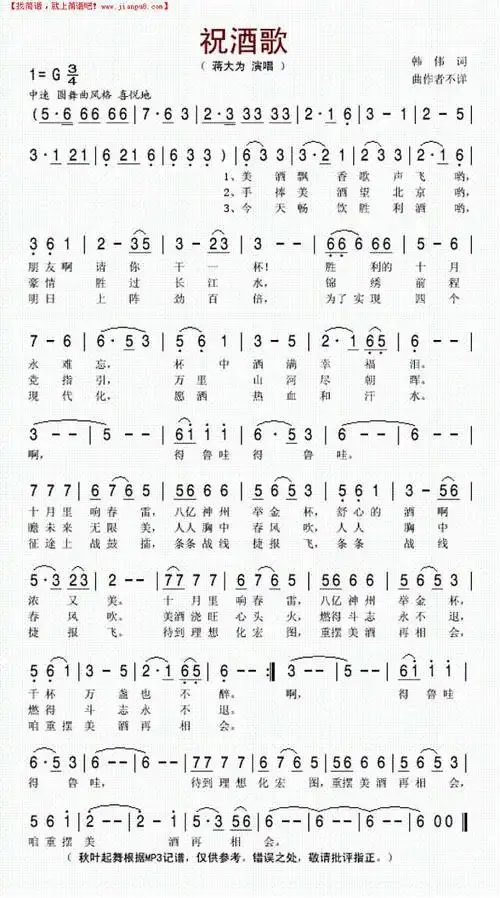 祝酒歌简谱