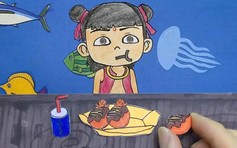 手绘定格动画哪吒吃章鱼小丸子表情很呆萌太有趣了