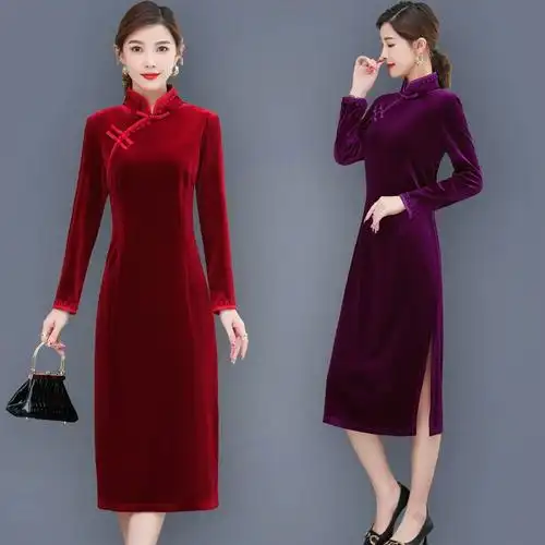 改良旗袍式连衣裙春秋新款老上海妈妈金丝绒中长款中国风复古裙子