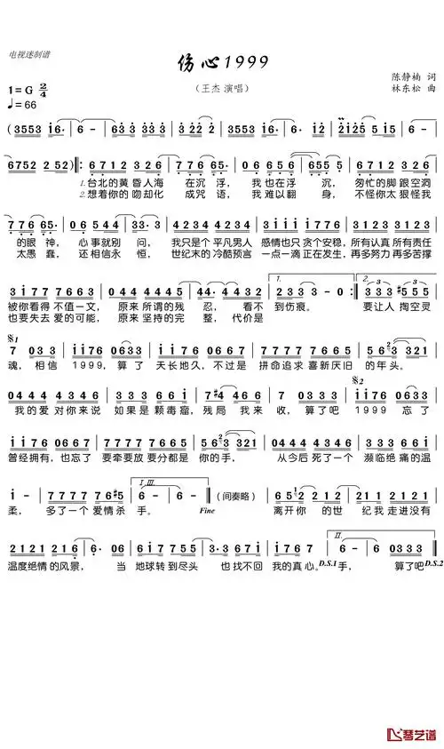 伤心1999简谱(歌词)-王杰演唱-谱友电视迷上传1