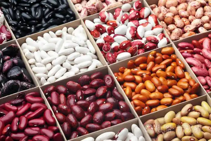 豆类豆类的不同类型.在木箱里.品种的豆类.