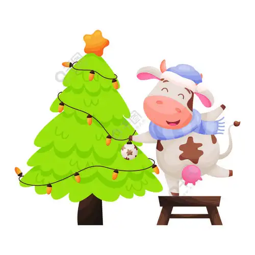 可爱的卡通牛人物在松树上挂着装饰球十二生肖牛牛的农历新年矢量图