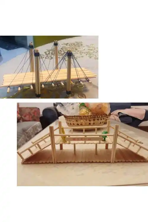 还有很多孩子接住雪糕棒等木质材料进行桥梁的搭建,让他们的桥更加