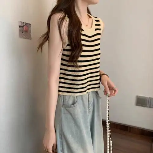 条纹吊带小背心女2024年夏季显瘦外穿内搭遮肉无袖针织休闲上衣 - 17