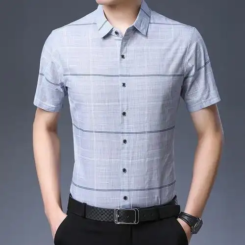 梵克公牛短袖衬衫夏季男式商务休闲短袖衬衣撞色中年男装格子半袖衬衫