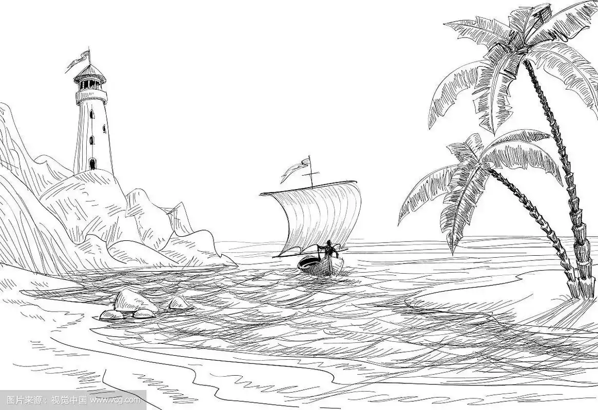 海滩,大海和小船素描