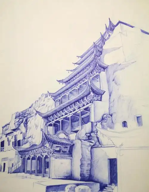 圆珠笔写实画:敦煌莫高窟