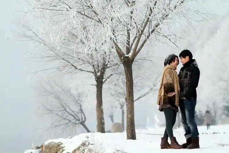 浪漫情侣冰雪雾凇情