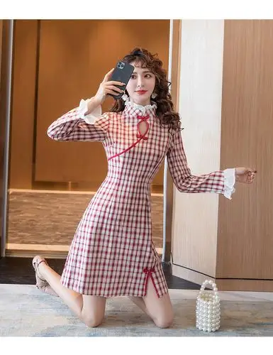 格子旗袍裙2020新款女年轻款复古日常少女中国风连衣裙改良版短款
