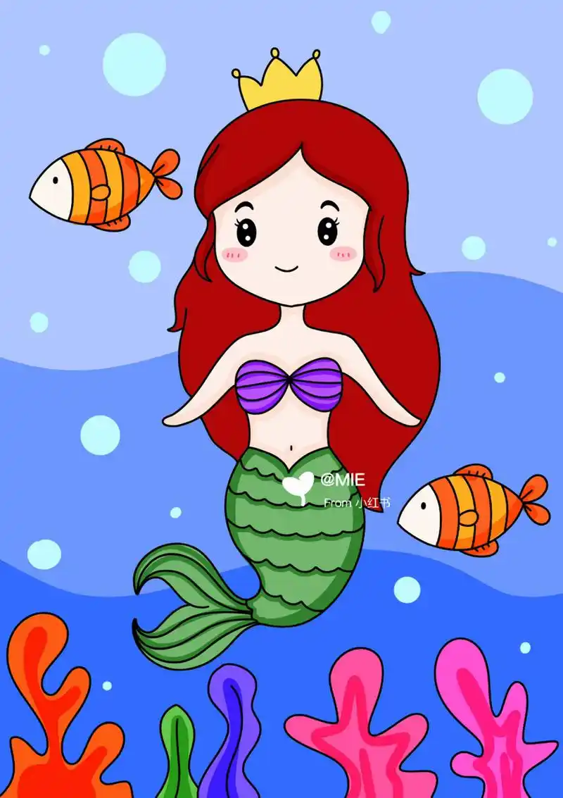 美人鱼儿童创意画 简笔画 带线稿