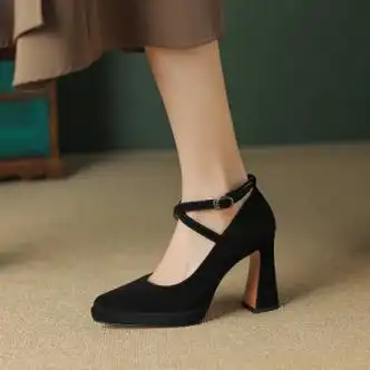 台粗跟玛丽珍鞋女尖头一字扣单鞋2023秋季新款超高跟皮鞋黑色羊猄36