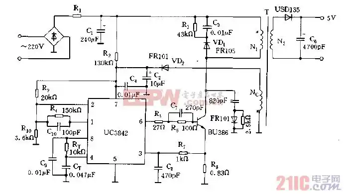 采用uc3842构成的单端反激式开关电源的实用电路图