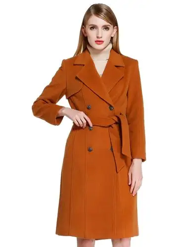 浅棕色典雅双排扣长袖大衣