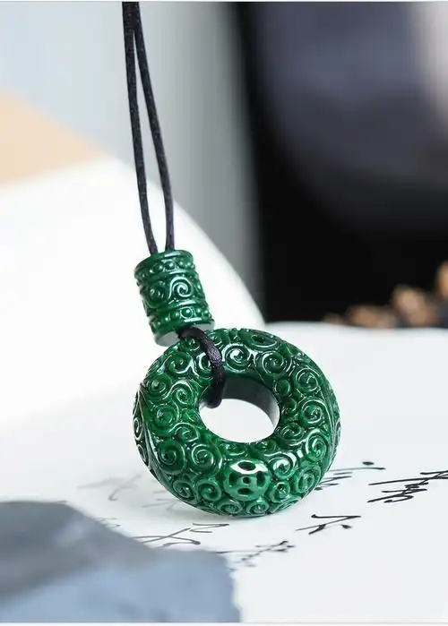 百博翡翠花青怀古平安扣吊坠精雕满绿复古平安环玉坠挂件天然缅甸玉石