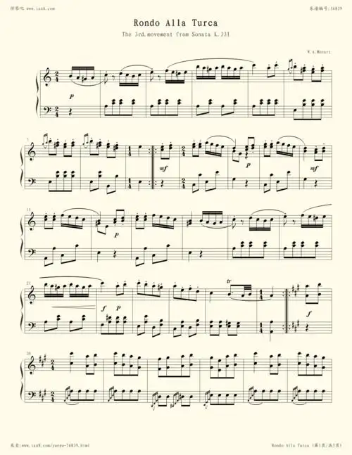 《土耳其进行曲,钢琴谱》莫扎特(五线谱 钢琴曲 指法)-弹吧|蛐蛐钢琴