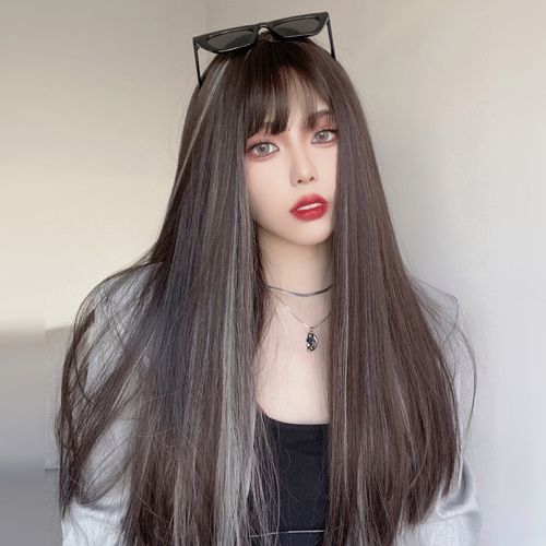 黑白挂耳染假发女全头套式渐变长发网红挑染自然潮酷帅逼真jk直发