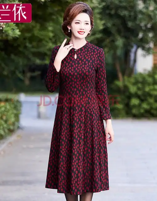 连衣裙女秋季妈妈碎花高贵裙子气质礼服50岁60中老年春秋过膝印花长裙