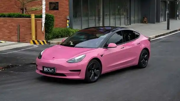 特斯拉model3ekfilm改色膜郁金香粉矜持不娇艳