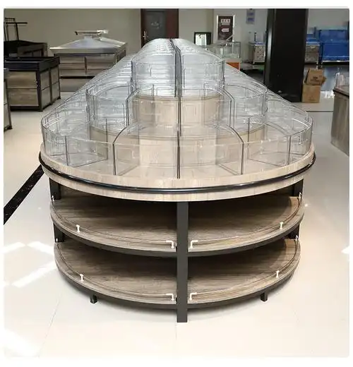 超市圆形货架厂家直供椭圆形散称零食糖果货柜零食铁木三层散称柜