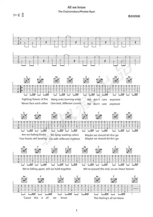 以上就是吉他谱屋为您提供的《all we know》吉他谱_烟鬼组合_c调六线