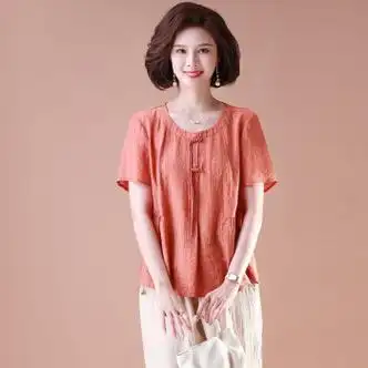 翠尧娄轻奢品牌中年妈妈夏装短袖棉麻衬衫洋气上衣新款中老年女休闲大