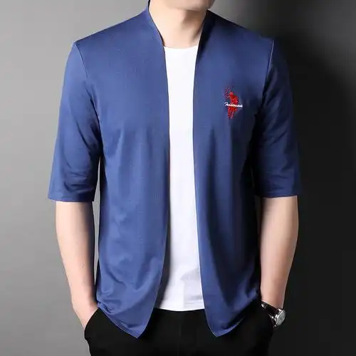 2022夏季中年男桑蚕丝外批新款纯色翻领短袖休闲时尚宽松韩版开衫