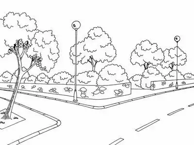 图矢量十字路口街道道路图形黑白城市景观素描插图铅笔素描一个年轻