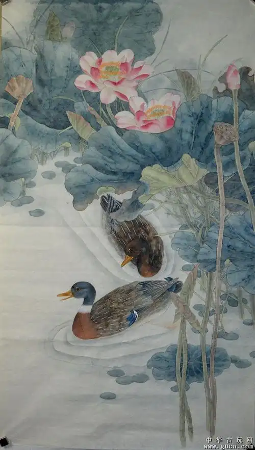 当代实力派画家单玉雯纯手绘鸳鸯戏水画一件