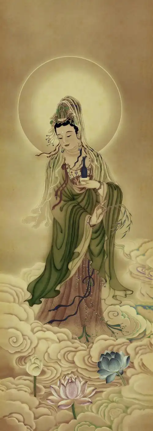 西方三圣南无观世音菩萨136x48真迹扫描大图超高清书画图片下载