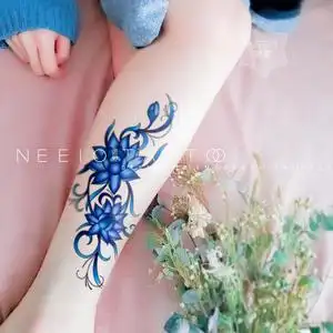 neeio纹身贴 妖魅蓝莲花藤蔓 古风仙女荷花小腿遮疤痕大图 防水女
