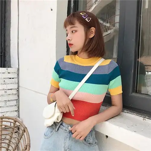 控25实拍实价泫雅风彩虹条纹短款修身显瘦半高领针织短袖t恤