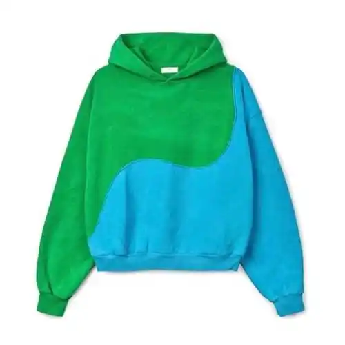 新晋美潮 erl 侃爷上身同款蓝绿撞色拼接加绒连帽卫衣高街帽衫