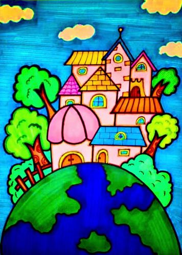 同一个地球绿色的家园儿童绘画素材儿童画主题画模板简笔画创意电