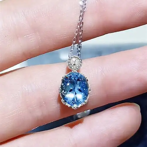 玛利亚海蓝宝项链纯银蛋形蓝宝石吊坠锁骨气质18k项链