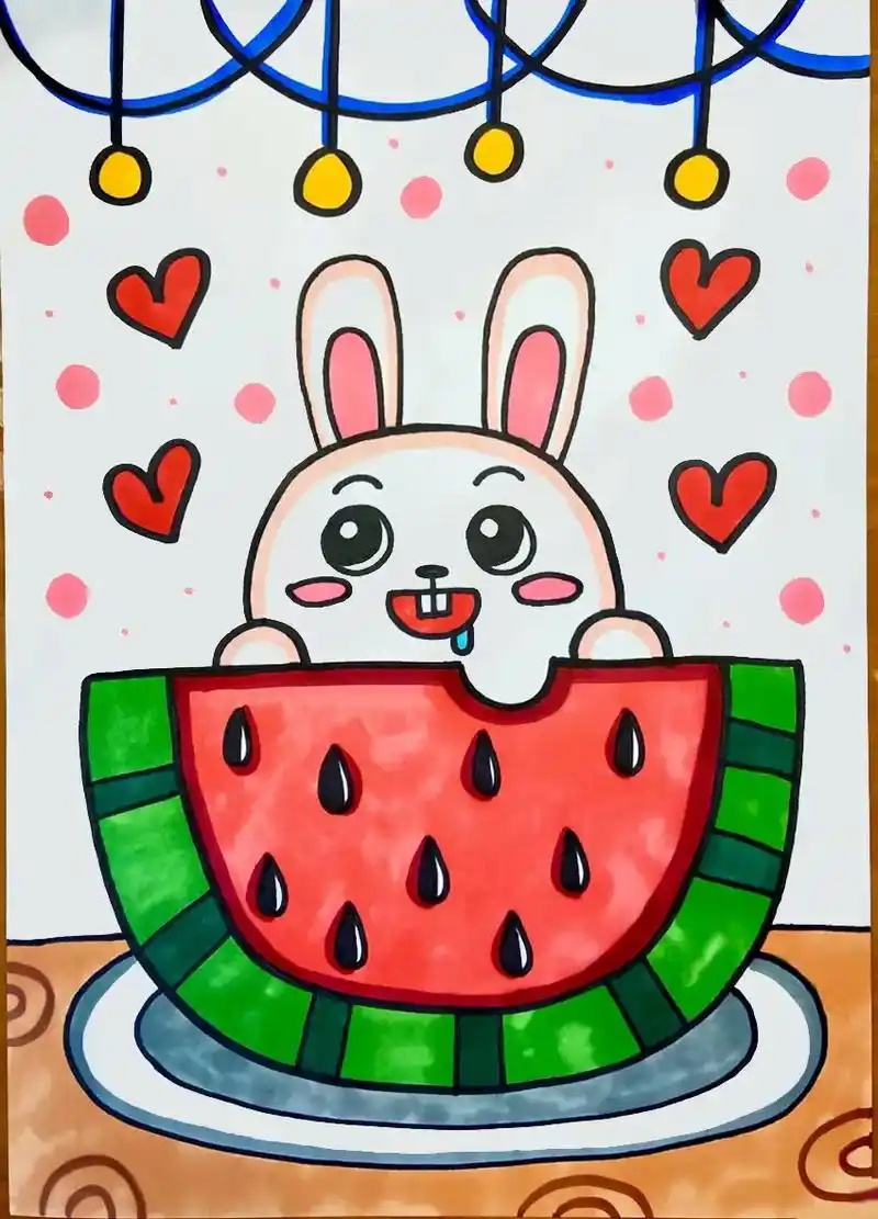 小兔子吃西瓜儿童简笔画教程.