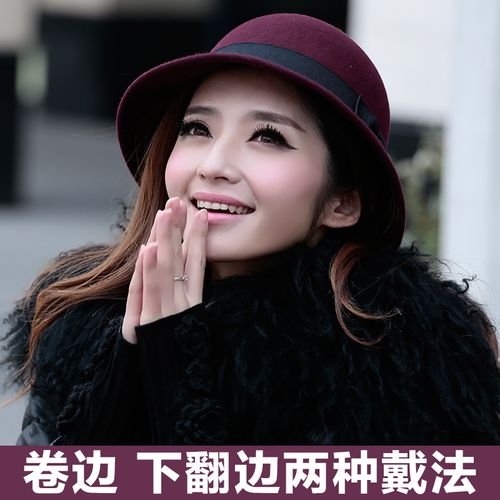 春秋冬季帽子女士韩版复古呢子小礼帽卷边英伦毡帽潮羊毛呢帽大码