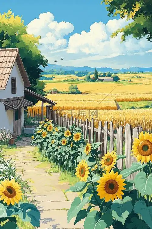 院落乡村向日葵唯美插画