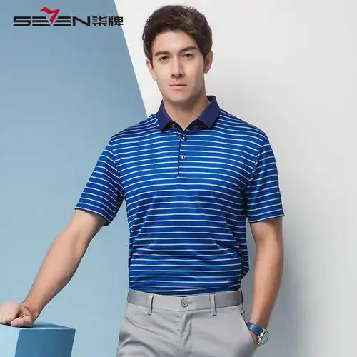 柒牌seven男装商务短袖t恤衫短袖翻领薄款舒适条纹桑蚕丝t恤