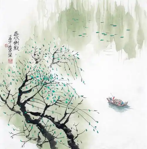 (现代山水画作品《春水倒影》-68x68-刘燕声)