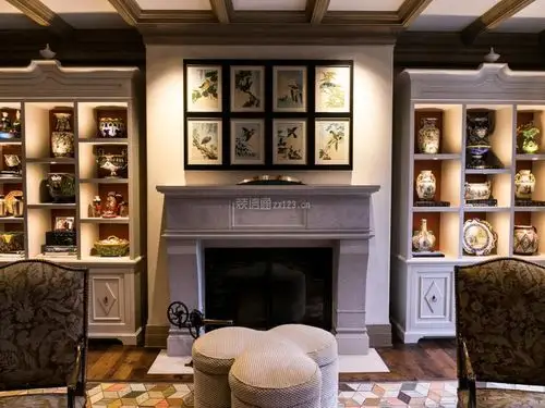 2018美式风格别墅家装客厅壁炉照片背景墙设计图片_装修123效果图