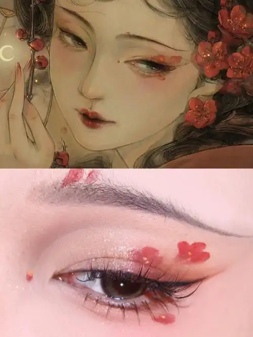 古风插画仿妆梅红色系狐狸眼故事感眼妆