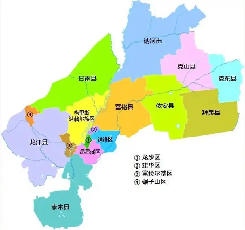 齐齐哈尔全市划分为 7个区:龙沙区,建华区,铁锋区,富拉尔基区