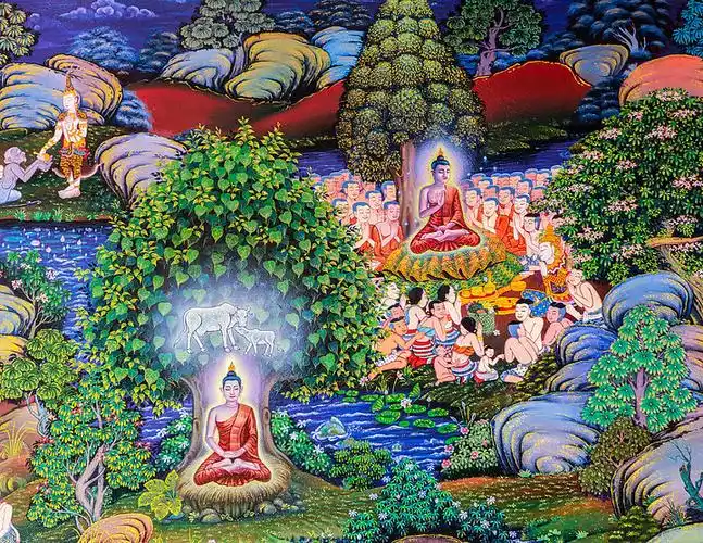 泰国南奔寺墙上佛陀生活的泰国本土佛教壁画