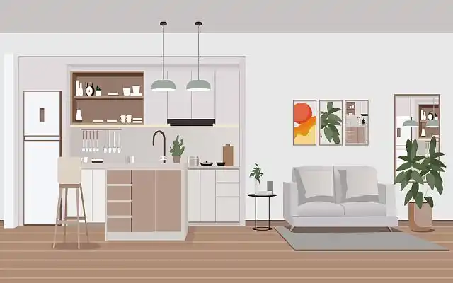 扁平家居插画装修客厅沙发海报室内场景图家具厨房元素png素材