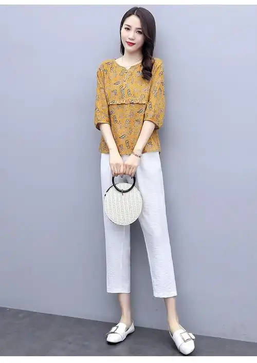 轻奢女王素订原创休闲亚麻套装女2021夏天新款时尚洋气印棉麻上衣裤子