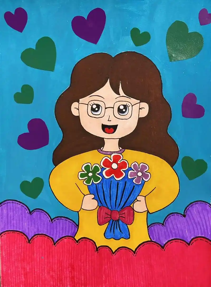 我最爱的老师画像. 老师人物儿童画. 纸张:a4素描纸 笔:马克笔,水粉(