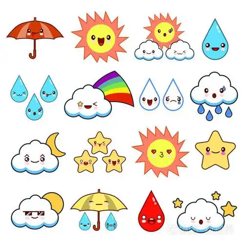 收集不寻常的卡通和滑稽的笑脸天气图标.可爱的风格.