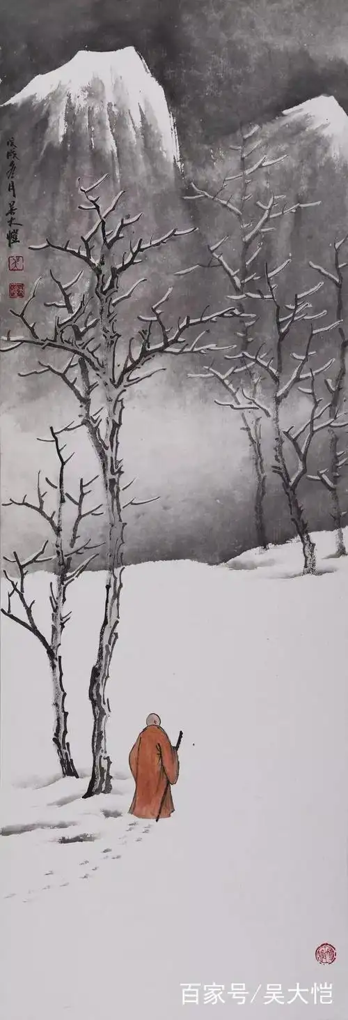 吴大恺 禅意雪景山水画 纸本水墨