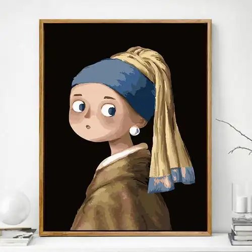 diy数字油画卡通q版手绘填充名画戴珍珠耳环的少女客厅装饰挂画